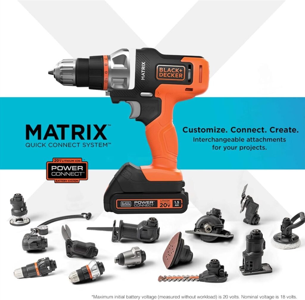 BLACK+DECKER MATRIX 20V MAX Power Tool Kit, Includes Cordless Drill, 12 Attachments and Storage Case (BDCDMT1212KITC1)