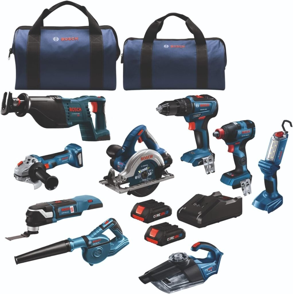 BOSCH GXL18V-901B25 18V 9-Tool Combo Kit 2-In-1 Bit/Socket Impact Driver, Hammer Drill/Driver, Recip Saw, Circ Saw, Oscillating Tool, Angle Grinder, Vacuum, Worklight, (2) CORE18V 4 Ah Batteries