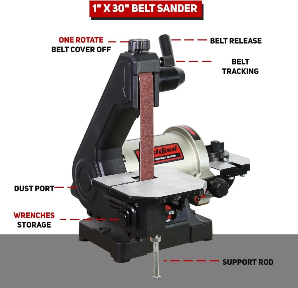Bucktool 1x30 Inch Bench Belt Sander with 5 Inch Disc with Wrench Storage and Easy Belt Cover Off, 1/3HP Direct Drive Benchtop Belt Disc Sander