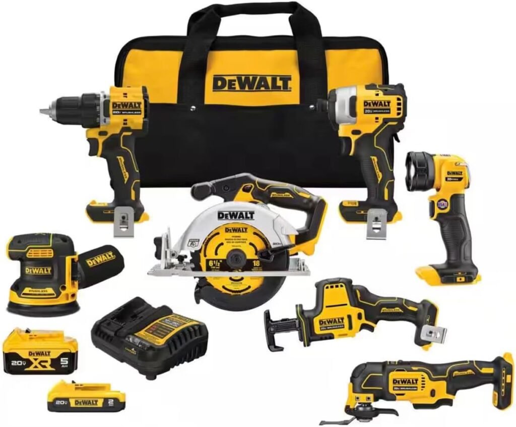 DEWALT DCK700D1P1 20V MAX Cordless 7-Tool Combo Kit with 2Ah Battery, 5Ah Battery, and Charger