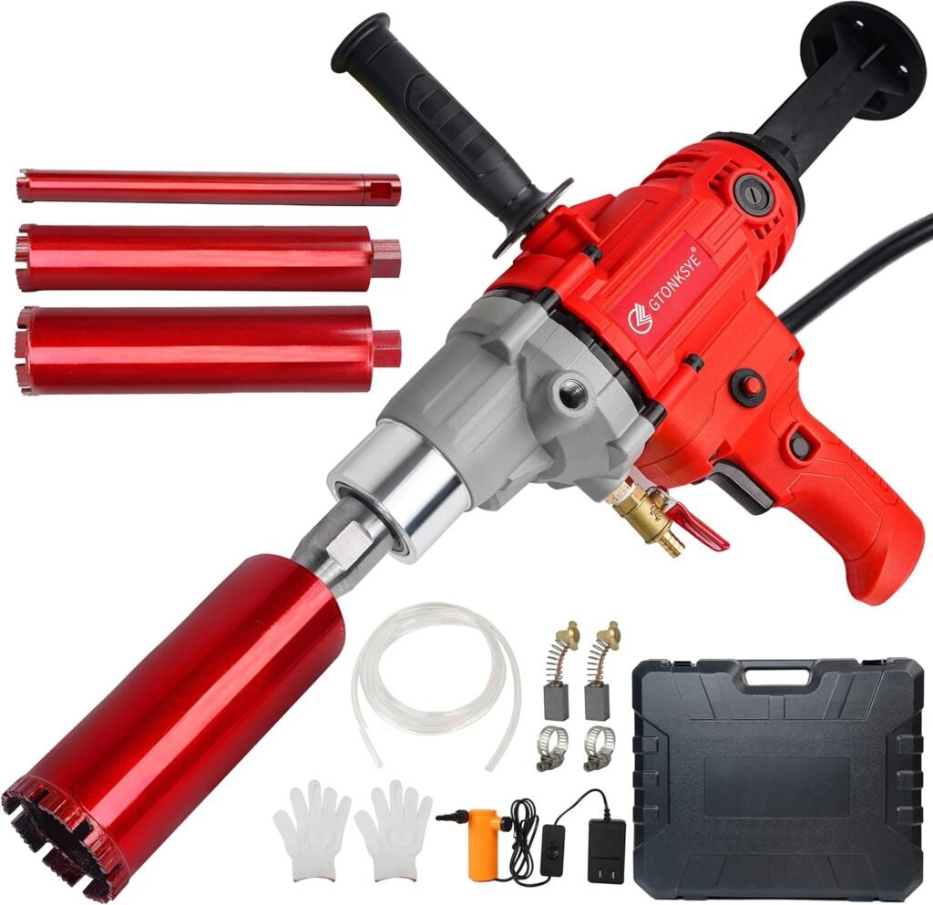 Diamond Core Drilling Machine，Handheld Dry and Wet Core Drill Rig， 1-1/4Threaded Shaft, Equipped with Wet Drill Bits 1.25, 2.5, 3.25,4and Water Pump Set, Suitable for Concrete Bricks and Stones