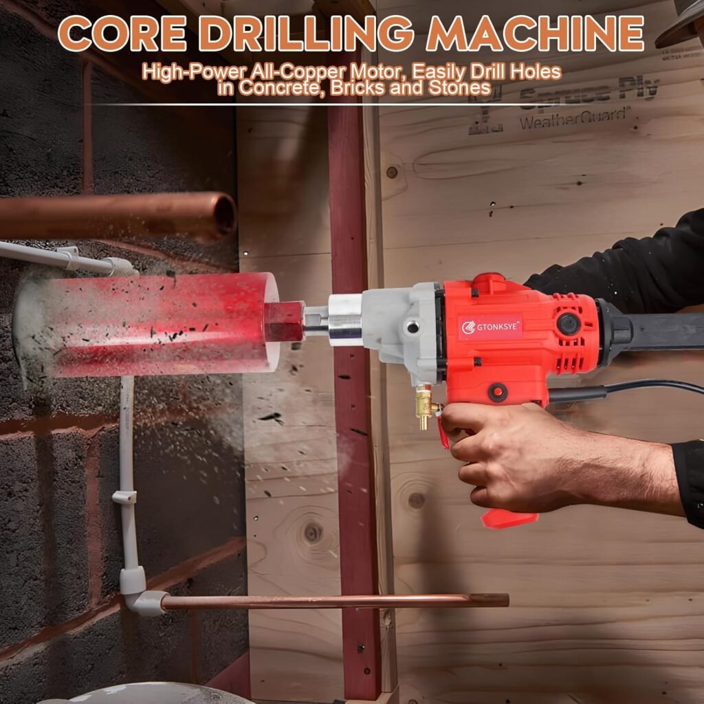 Diamond Core Drilling Machine，Handheld Dry and Wet Core Drill Rig， 1-1/4Threaded Shaft, Equipped with Wet Drill Bits 1.25, 2.5, 3.25,4and Water Pump Set, Suitable for Concrete Bricks and Stones