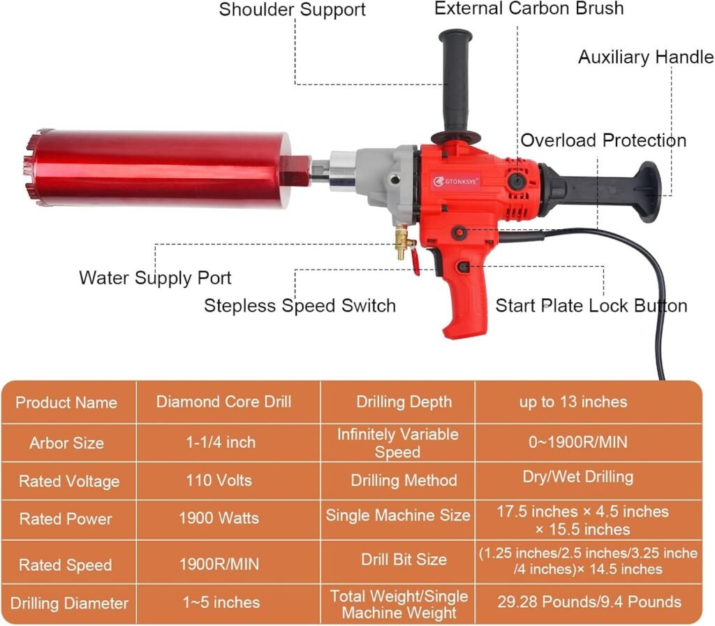Diamond Core Drilling Machine，Handheld Dry and Wet Core Drill Rig， 1-1/4Threaded Shaft, Equipped with Wet Drill Bits 1.25, 2.5, 3.25,4and Water Pump Set, Suitable for Concrete Bricks and Stones