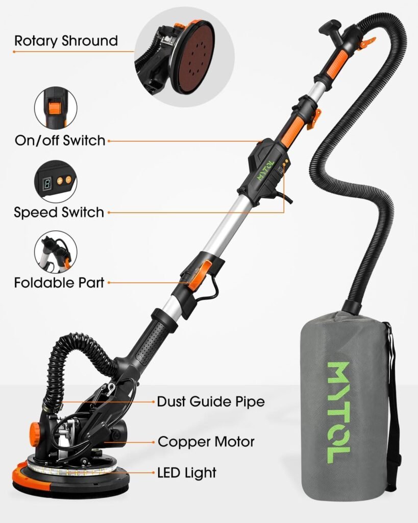 Electric Drywall Sander with Vacuum Dust Collection, Variable Speed, LED Light, Foldable Handle, Sanding Discs  Grids