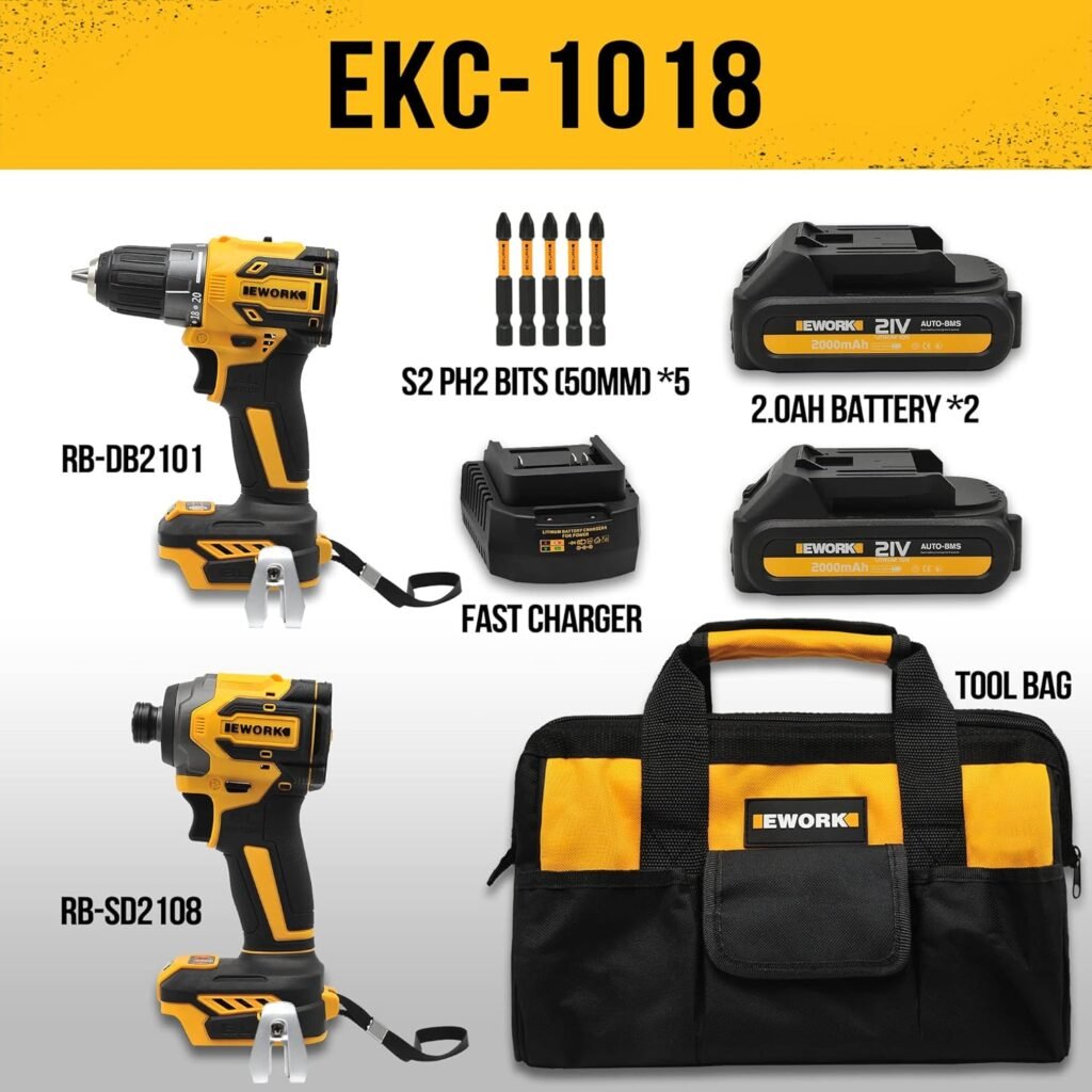 EWORK Compact Cordless Drill and Impact Driver Combo Kit 21V Brushless Power Tool Set with (2) 2.0Ah Batteries and Fast Charger, Tool Bag (EKC-1018)