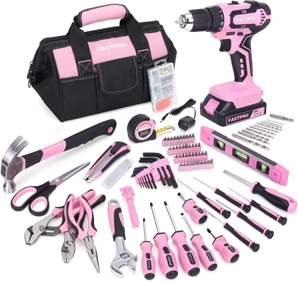 FASTPRO 232-Piece 20V Pink Cordless Lithium-ion Drill Driver and Home Tool Set, Ladys Repairing Kit with 12-Inch Wide Mouth Open Storage Bag