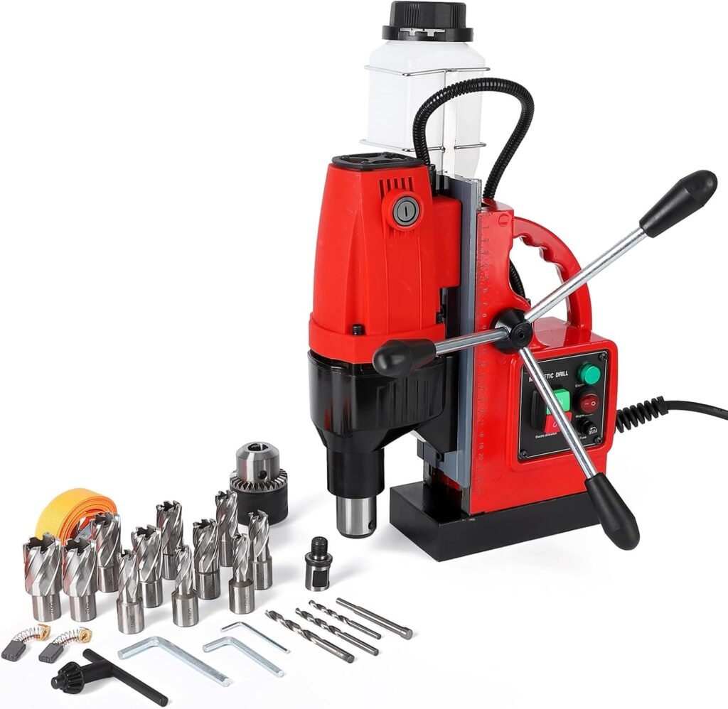 GARVEE Magnetic Drill Press, 1100W 550RPM Portable Mag Drill Press, Magnetic Core Drilling Machine for Metal Working,14Pcs Annular Cutters Drill Bits，Red