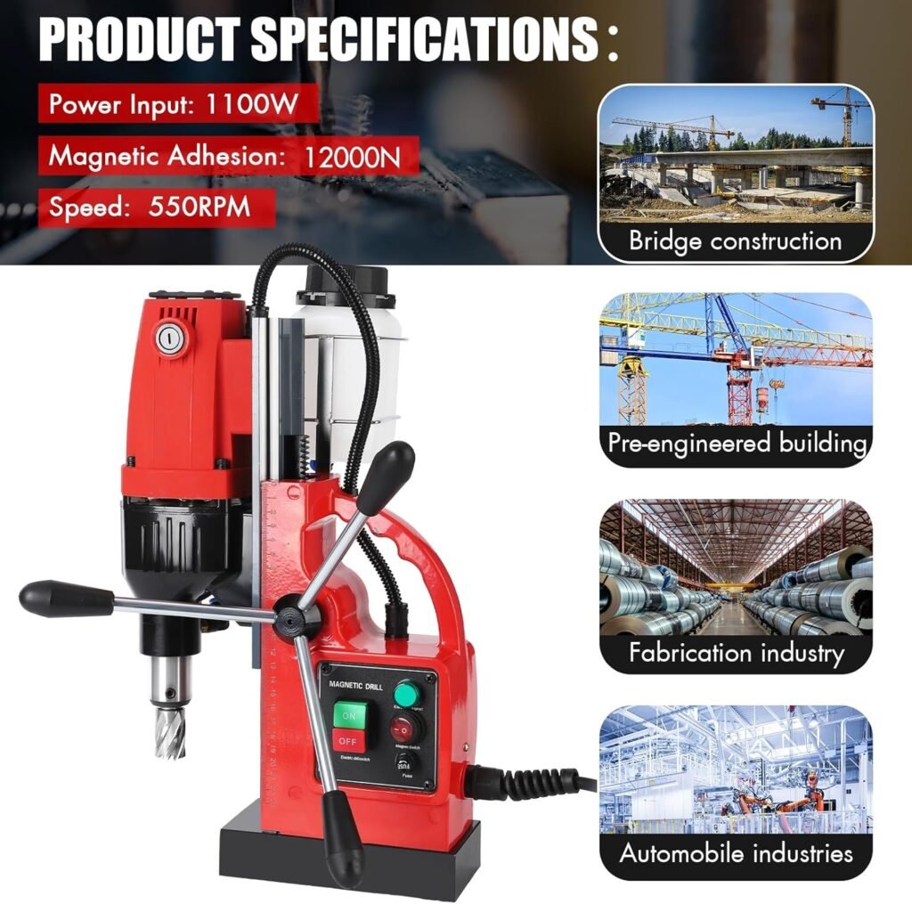GARVEE Magnetic Drill Press, 1100W 550RPM Portable Mag Drill Press, Magnetic Core Drilling Machine for Metal Working,14Pcs Annular Cutters Drill Bits，Red