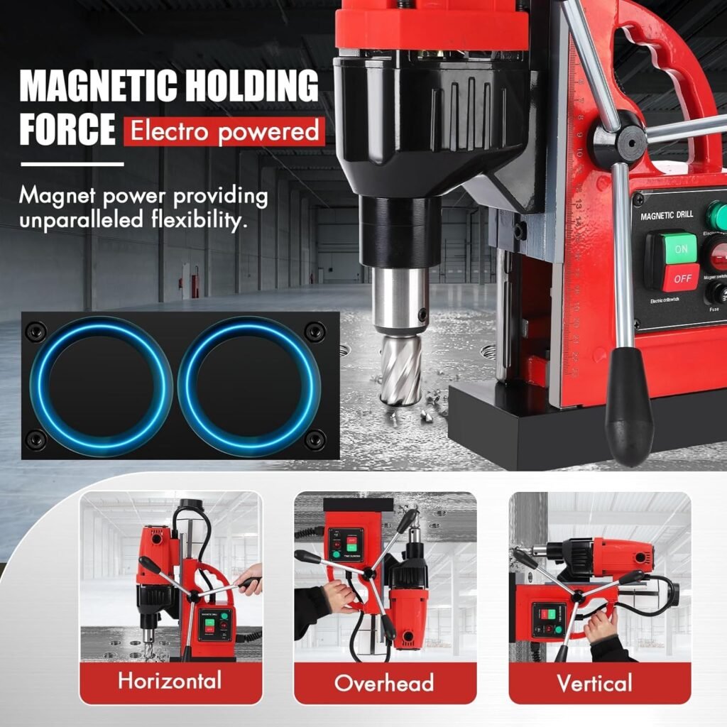 GARVEE Magnetic Drill Press, 1100W 550RPM Portable Mag Drill Press, Magnetic Core Drilling Machine for Metal Working,14Pcs Annular Cutters Drill Bits，Red