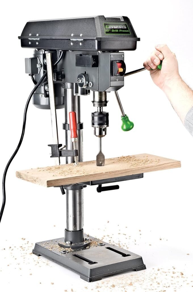 Genesis GDP1005A 10 5-Speed 4.1 Amp Drill Press with 5/8 Chuck, Integrated LED Work Light, and Table that Rotates 360° and Tilts 0-45°