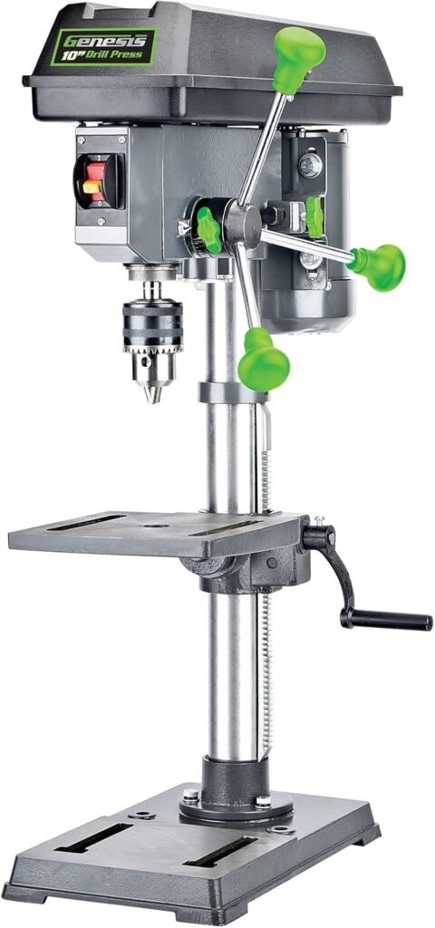 Genesis GDP1005A 10 5-Speed 4.1 Amp Drill Press with 5/8 Chuck, Integrated LED Work Light, and Table that Rotates 360° and Tilts 0-45°