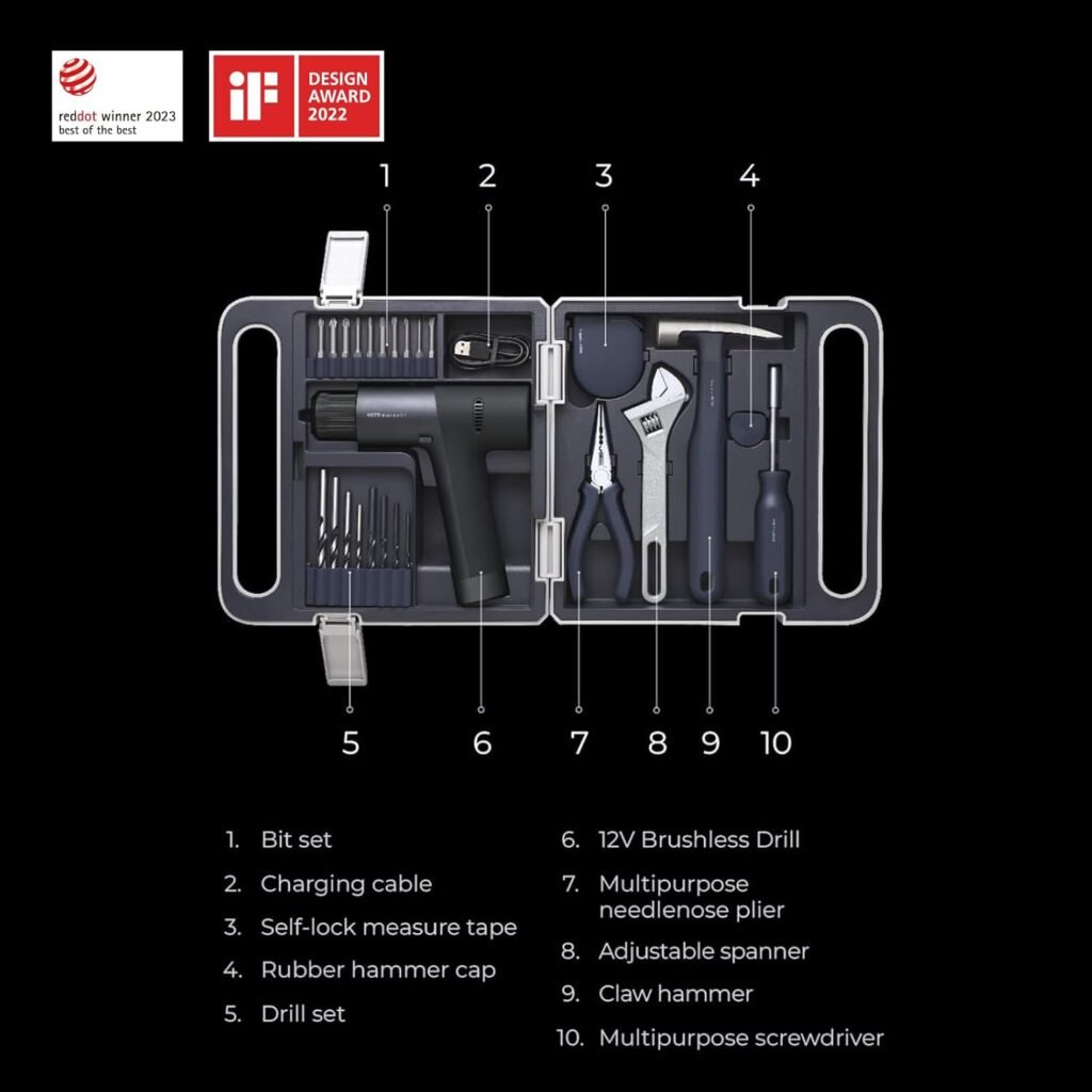 HOTO Cordless Brushless Drill Tool Set, Variable Speed, Hidden Buckle, Unique LED Screen, Intelligent Digital Display, Safe, Exquisite  Practical, High-end Drill Kit for Home/Daily Use