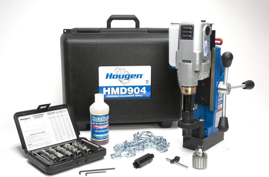 Hougen HMD904 115 Volt Magnetic Drill With Coolant Bottle Plus 1/2 Drill Chuck, Adapter and 12002 Rotabroach Cutter Kit