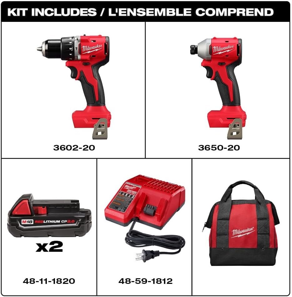 Milwaukee 3610-22CT M18 18V Li-ion Brushless Cordless Compact Hammer Drill/Impact Combo Kit (2-Tool) (New Gen), Red