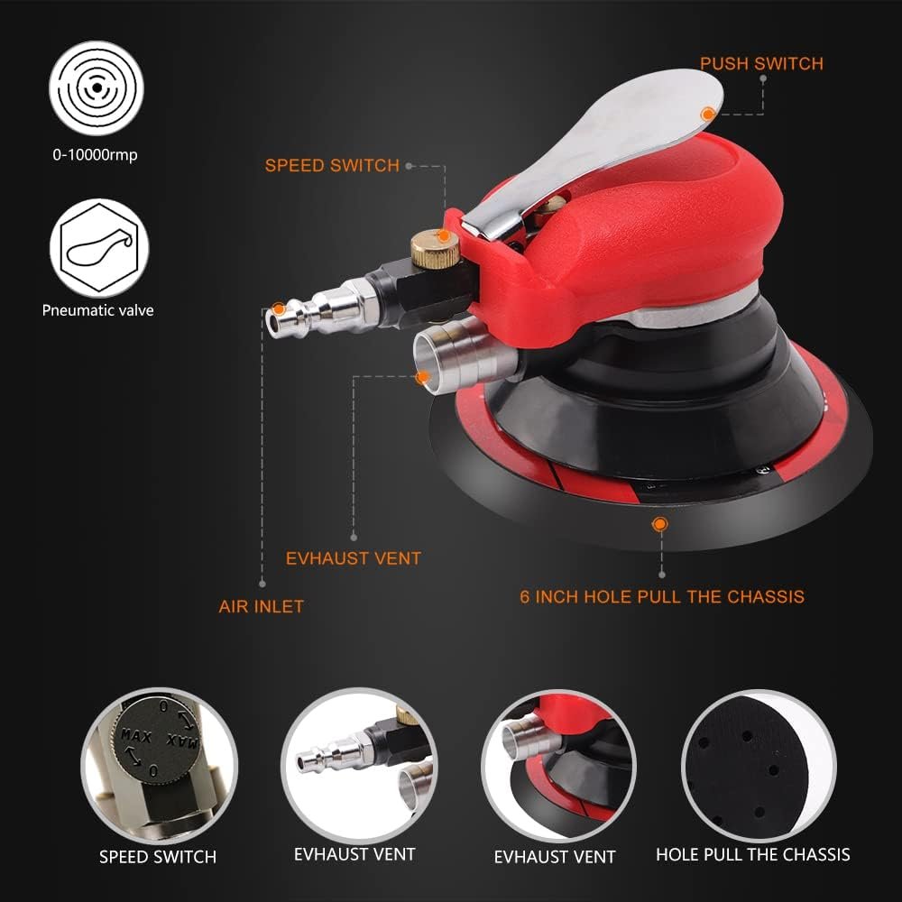Random Orbital Sander 5  6 Pneumatic Palm Sander with Extra 5 Backing Plate, Sponge Polishing Pads, Sandpapers Low Vibration and Heavy Duty for Wood, Composites, Metal