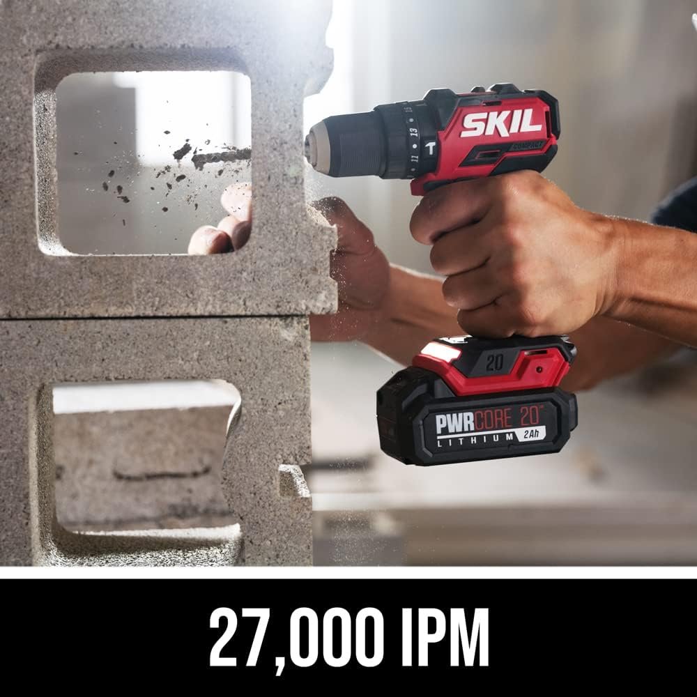 Skil PWR CORE 20 Brushless 20V 1/2 in. Compact 3-in-1 Hammer Drill Kit with 1/2 Single-Sleeve, Keyless Chuck  LED Worklight Includes 2.0Ah Battery and PWR Jump Charger - HD6294B-10
