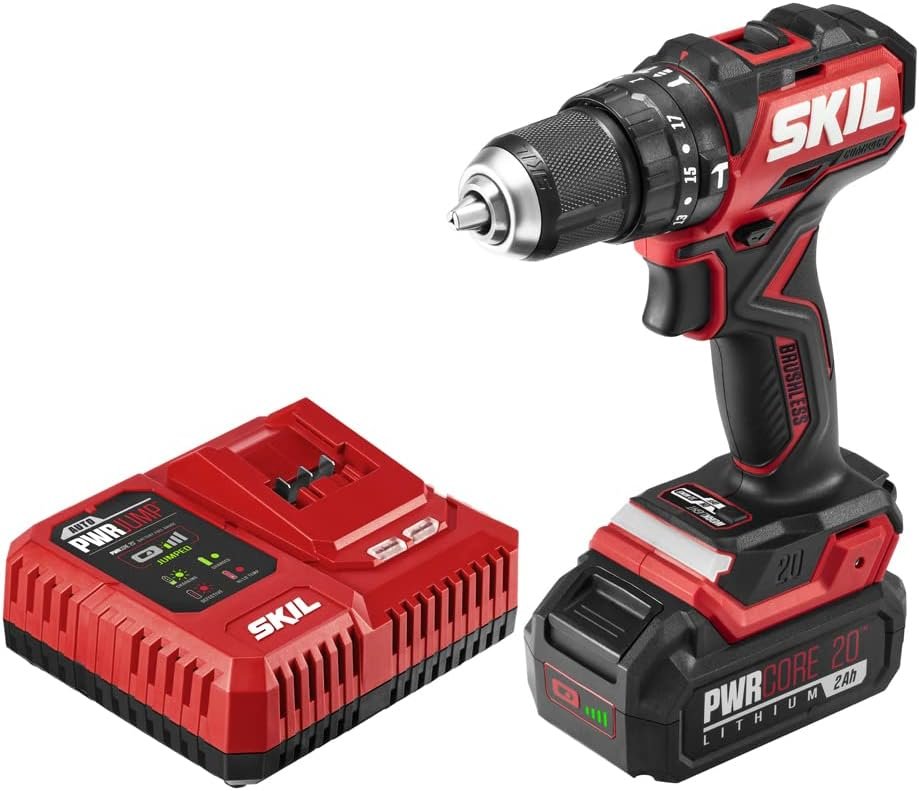 Skil PWR CORE 20 Brushless 20V 1/2 in. Compact 3-in-1 Hammer Drill Kit with 1/2 Single-Sleeve, Keyless Chuck  LED Worklight Includes 2.0Ah Battery and PWR Jump Charger - HD6294B-10