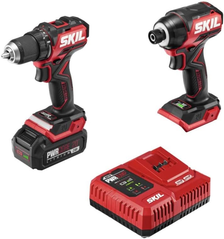 Skil PWR CORE 20 Brushless 20V Compact Drill Driver and Impact Driver Kit Includes 2.0Ah Battery and PWR Jump Charger - CB8437B-10