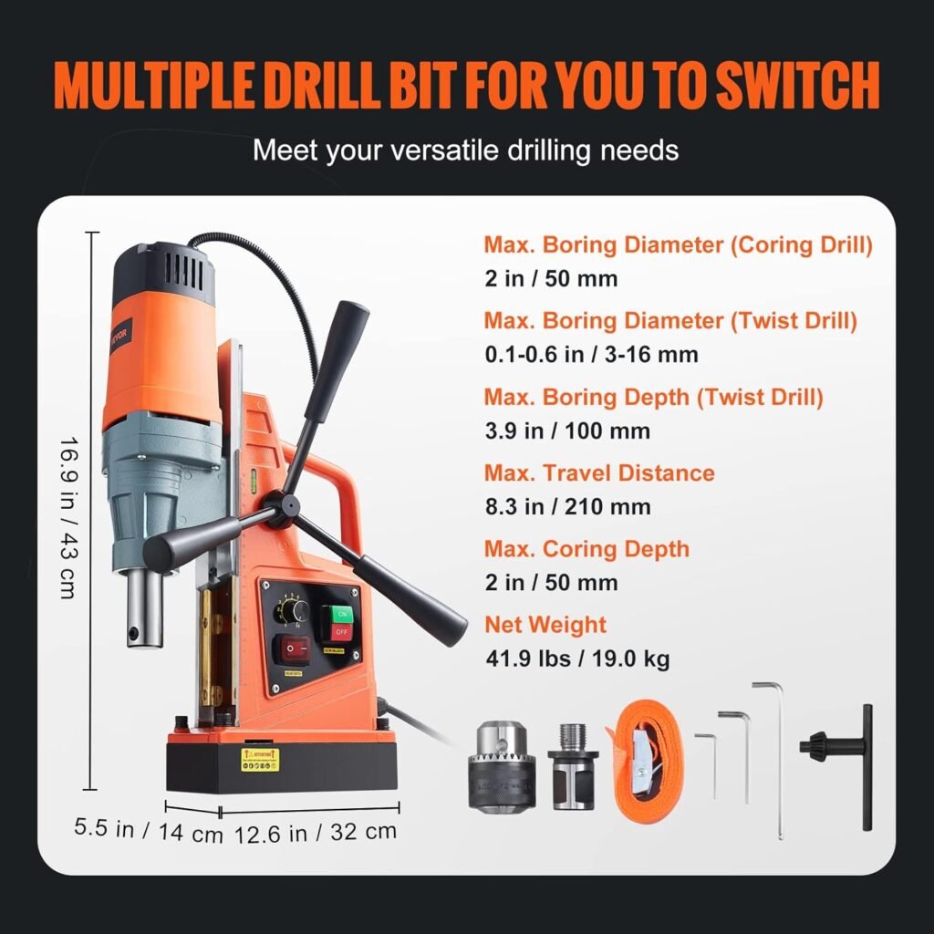 VEVOR Magnetic Drill, 1450W 1.57 Boring Diameter, 12500N 850 RPM Portable Electric Mag Drill Press, with Variable Speed, Drilling Machine for any Surface Home Improvement Industry Railway