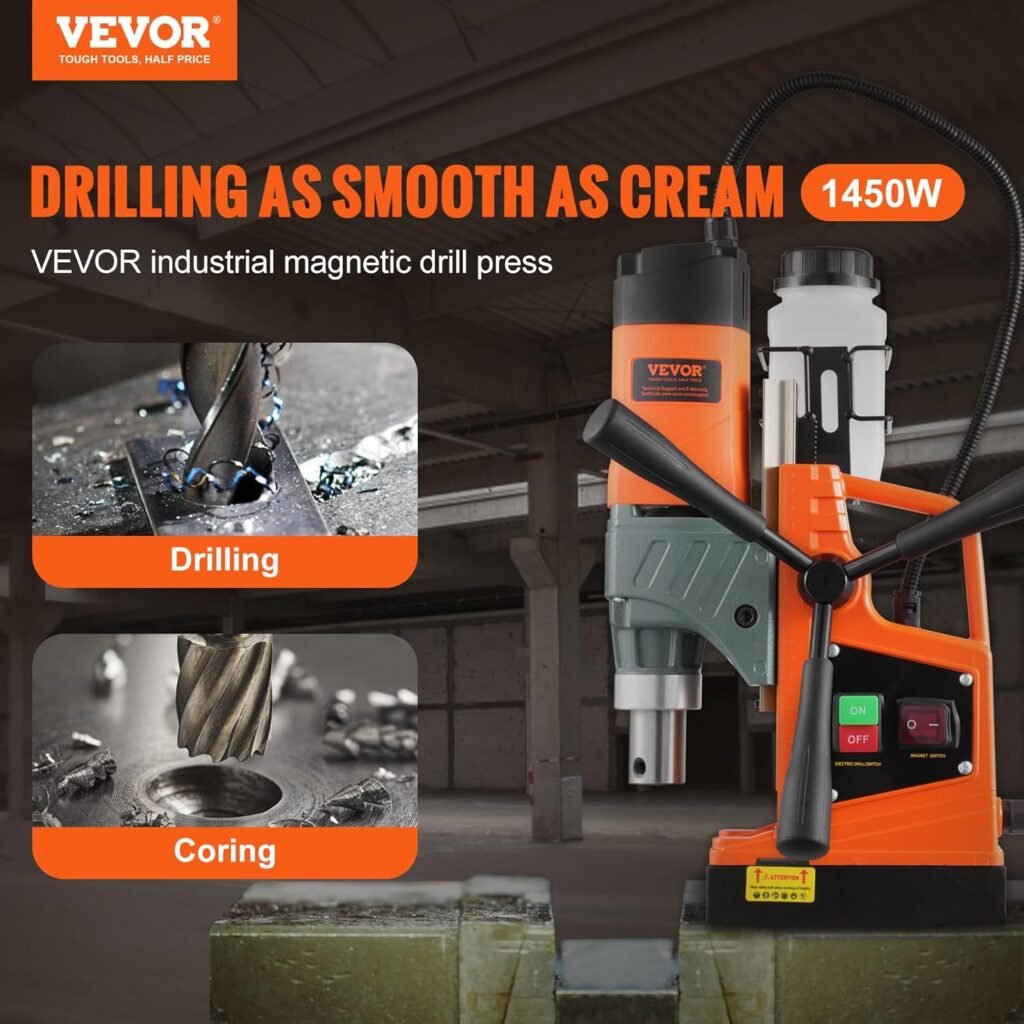 VEVOR Magnetic Drill, 1450W 1.57 Boring Diameter, 12500N 850 RPM Portable Electric Mag Drill Press, with Variable Speed, Drilling Machine for any Surface Home Improvement Industry Railway