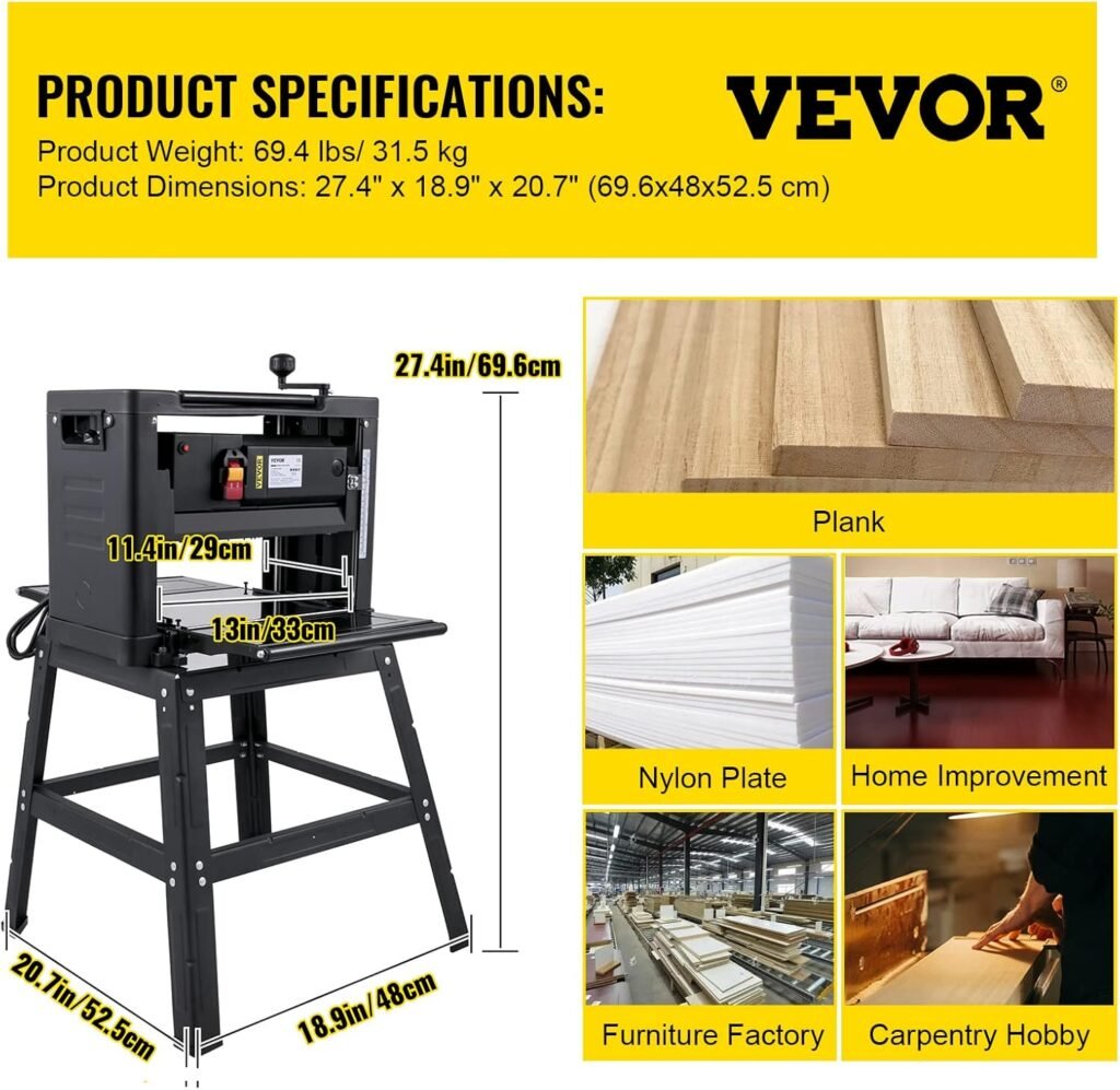 VEVOR Thickness Planer 13-Inch Benchtop Planer 2000W Wood Planer 8000 rpm Woodworking Planer 15 AMP Wood Planer Foldable 6m/min Planing Speed with Iron Stand Dust Exhaust for Woodworking Wooden Plank