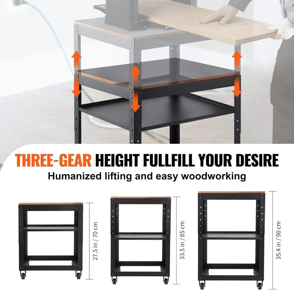 VEVOR Thickness Planer Stand, 100 lbs Heavy Loads, Three-Gear Height Adjustable Thickness Planer Table,with 4 Stable Casters  Storage Space, for Most planers, saws, Bench-top Machines, Power Tools