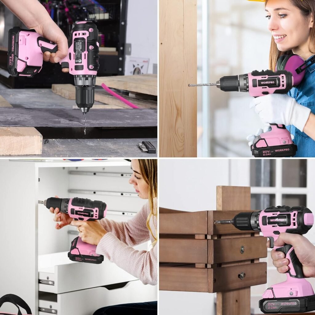 WORKPRO Pink Household Tool Kit with Drill, 157PCS Tool Set with 20V Cordless Lithium-ion Drill Driver, Home Tool Kit for All Purpose, Power Drill Sets with Pink Tool Bag - Pink Ribbon