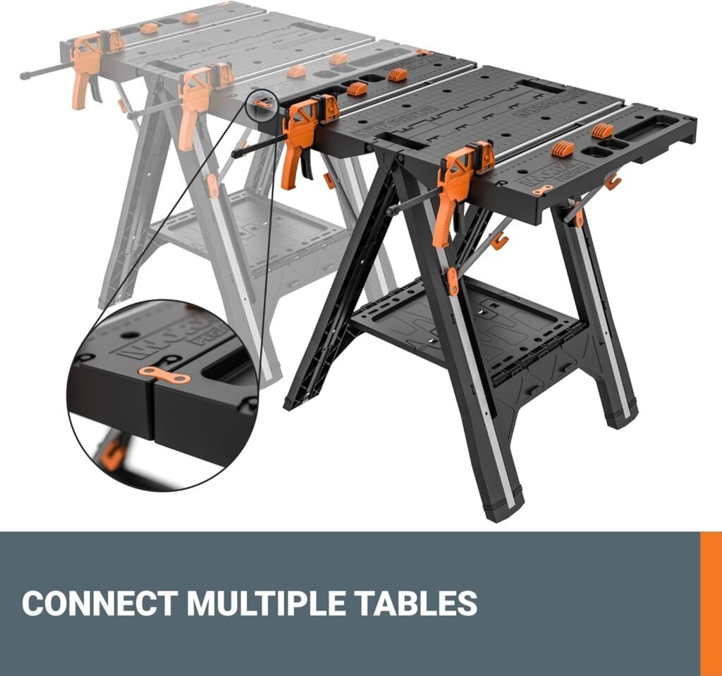 Worx Pegasus 2-in-1 Folding Work Table  Sawhorse, Easy Setup Portable Workbench, 31 W x 25 D x 32 H Lightweight Worktable with Heavy-Duty Load Capacity, WX051 - Includes 2 Clamps  4 Clamp Dogs