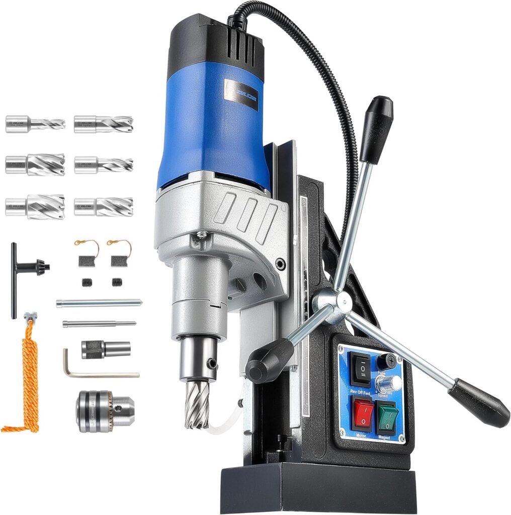 ZELCAN Mag Drill Press with 6 Drill Bits, 1550W Portable Magnetic Drill Press with 2 Boring Diameter, 0-580 rpm Stepless Speed  Reversible Direction, 2922 lbf Drilling Machine for Metal Surface