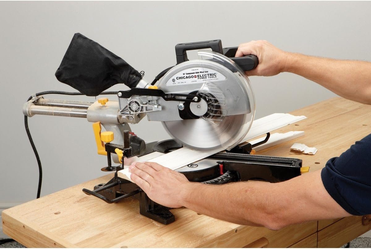 10 Inch Sliding Compound Miter Saw with 45 Degree Bevel and Dust Bag, Extension Bars and Table Clamp