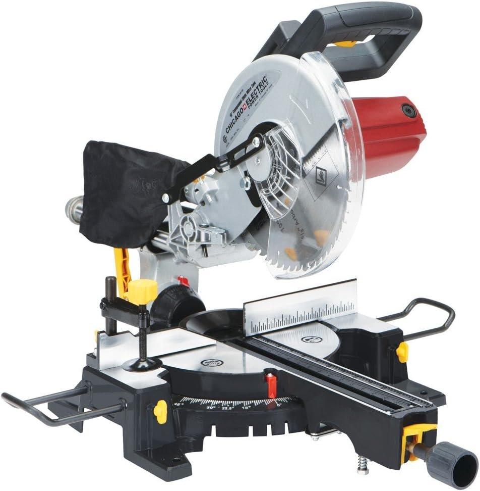 10 Inch Sliding Compound Miter Saw with 45 Degree Bevel and Dust Bag, Extension Bars and Table Clamp