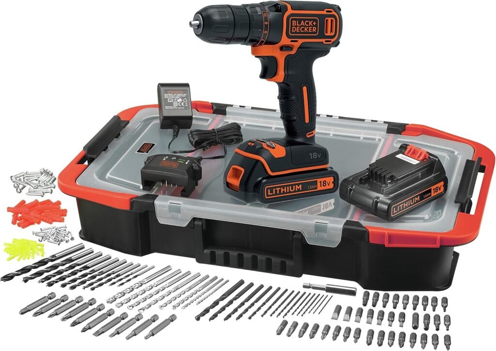 BLACK+DECKER - 18 V Li-Ion Cordless Drill with Charger - Includes 160 Accessories and 2 Batteries 1.5 Ah Supplied in Box - BDCDC18BAST-QW
