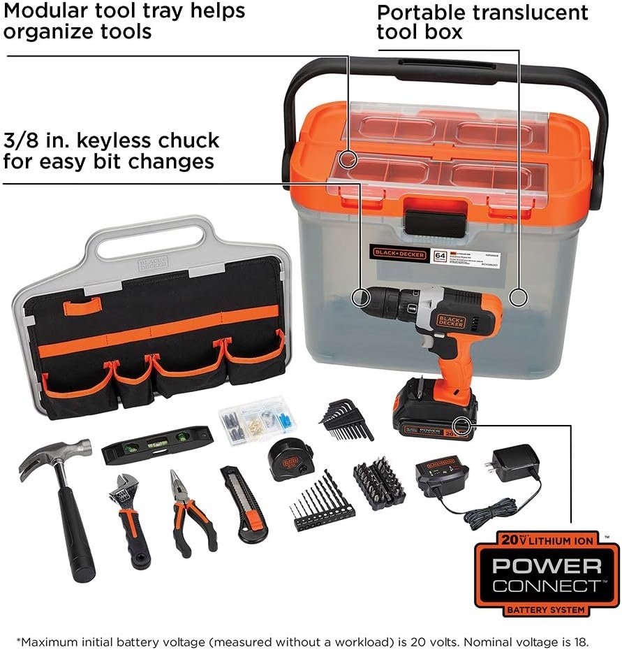 BLACK+DECKER 20V MAX Drill with Home Tool Kit, 66-Piece (BCKSB62C1)