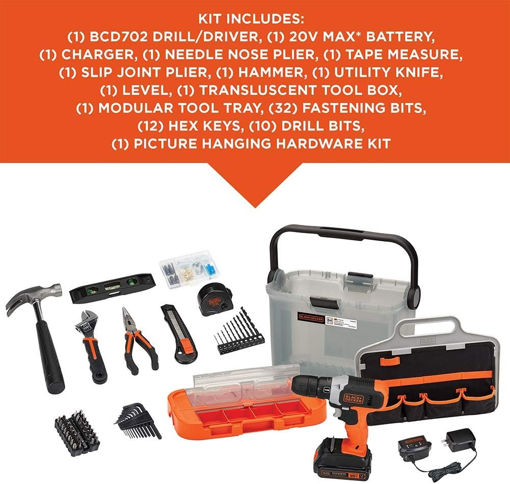 BLACK+DECKER 20V MAX Drill with Home Tool Kit, 66-Piece (BCKSB62C1)