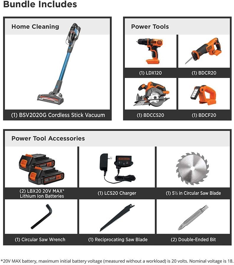 BLACK+DECKER 20V MAX Power Tool Combo Kit, 4-Tool Cordless Power Tool Set with 2 Batteries and Charger (BD4KITCDCRL)