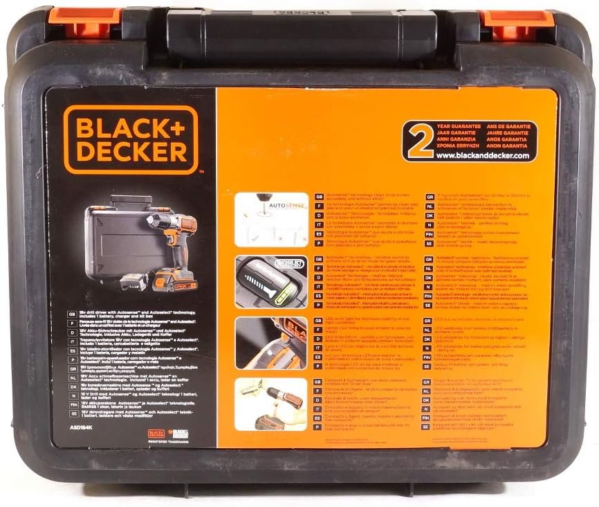 Black+Decker Autosense cordless drill (cordless drill with autoselect technology and LED work light for drilling in wood and metal and screwing - 1 x Li-ion 18 V cordless screwdriver) ASD18K