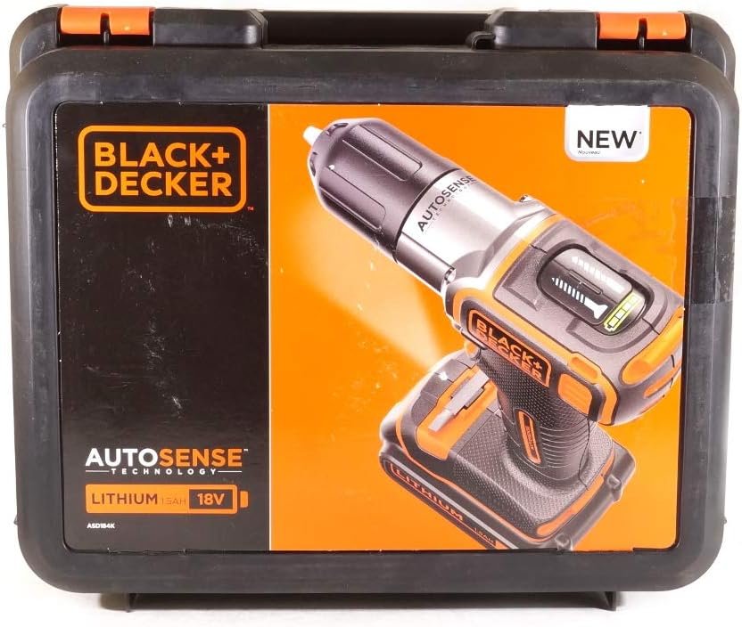 Black+Decker Autosense cordless drill (cordless drill with autoselect technology and LED work light for drilling in wood and metal and screwing - 1 x Li-ion 18 V cordless screwdriver) ASD18K