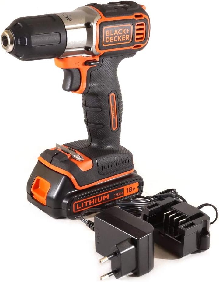 Black+Decker Autosense cordless drill (cordless drill with autoselect technology and LED work light for drilling in wood and metal and screwing - 1 x Li-ion 18 V cordless screwdriver) ASD18K