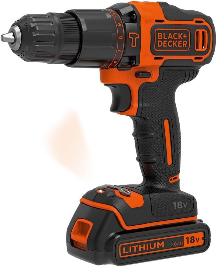 BLACK+DECKER BDCHD18KB-QW BDCHD18KB-QW-Taladro Percutor 18V con 2 baterías 1,5Ah y maletín, 18 V, Black, Orange, No