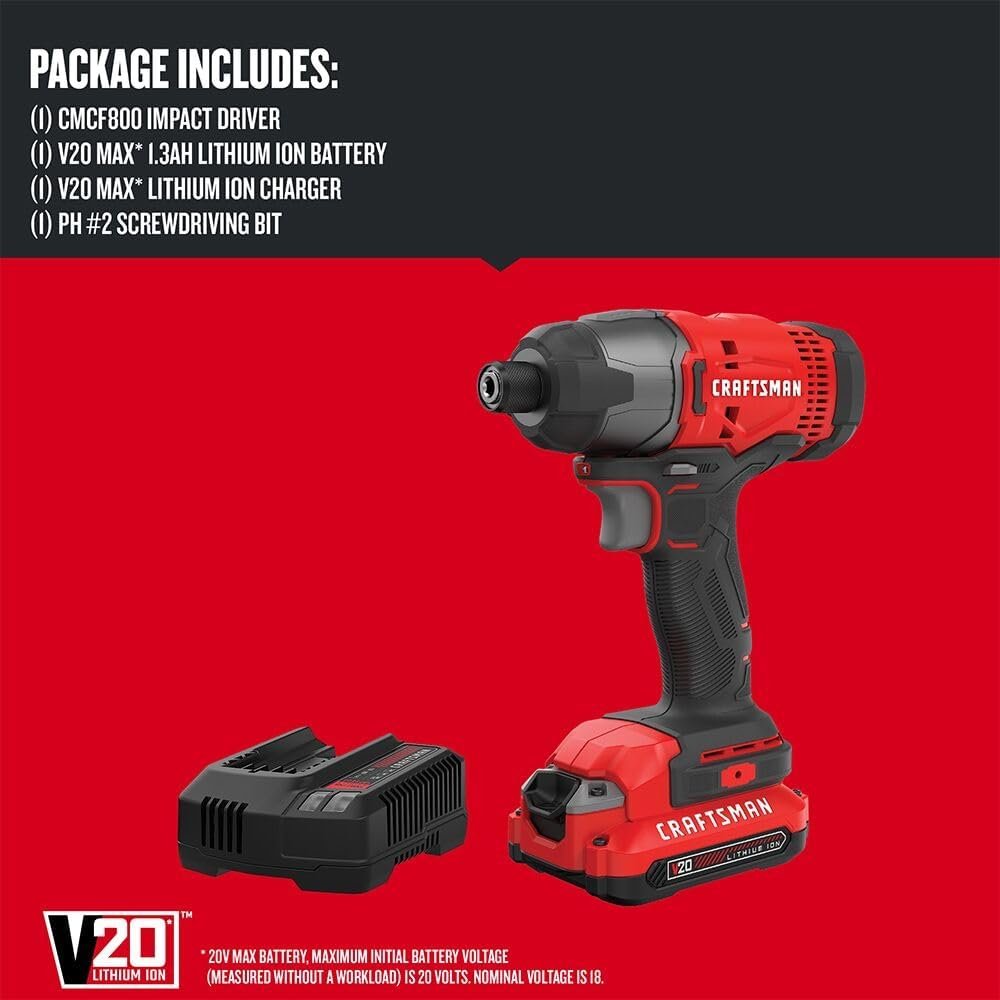 CRAFTSMAN 20V MAX Impact Driver Kit, 1/4 Inch, 2,800 RPM, LED Work light, Battery and Charger Included (CMCF800C1)
