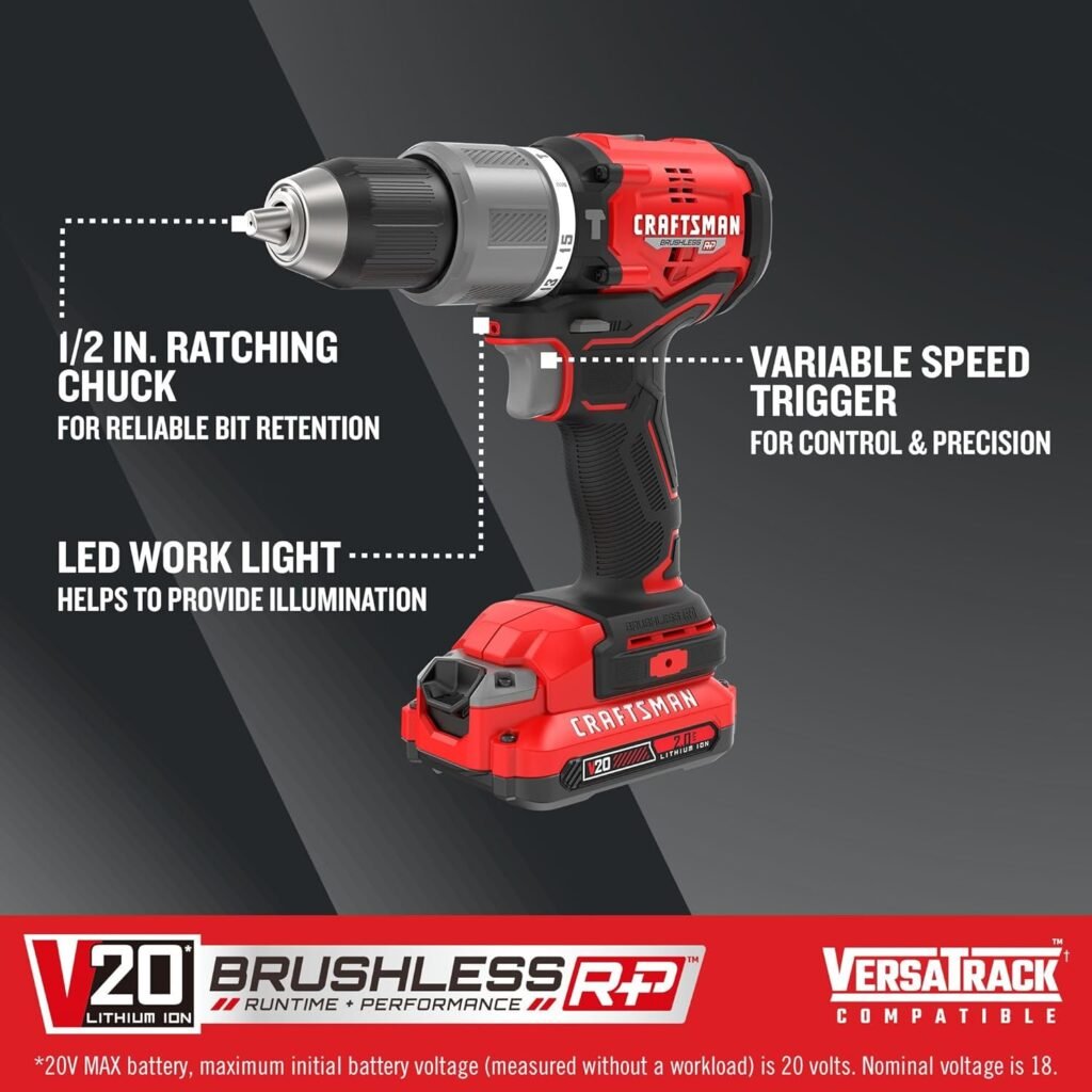 CRAFTSMAN V20 Cordless Hammer Drill Kit, 1/2 inch, 2 Batteries and Charger Included (CMCD732D2)