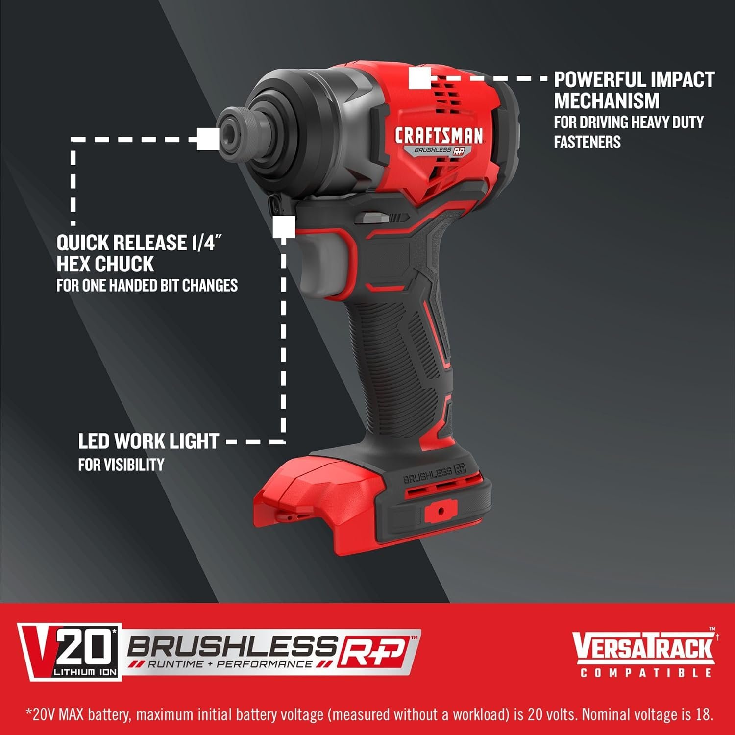 CRAFTSMAN V20 Cordless Impact Driver, 1/4 Inch (CMCF813B) with Battery and Charger (CMCB204-2CK)