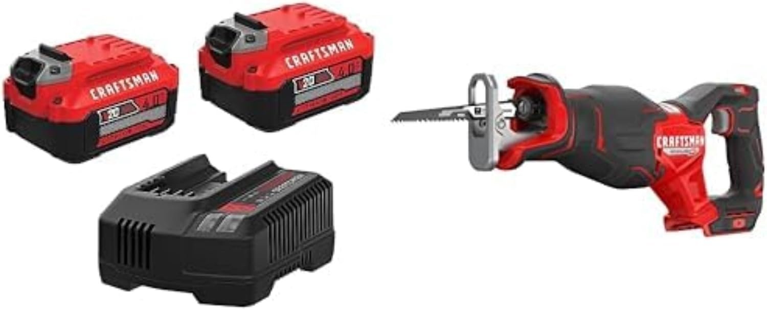 CRAFTSMAN V20 RP Cordless Reciprocating Saw, 8 Inch (CMCS351B) with Battery and Charger (CMCB204-2CK)
