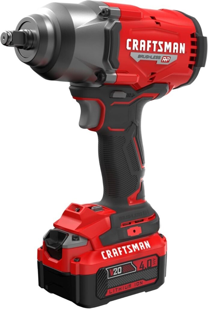 CRAFTSMAN V20 RP Impact Wrench, Cordless, Brushless, High Torque, 1/2 Inch, 4Ah Battery and Charger Included (CMCF940M1)