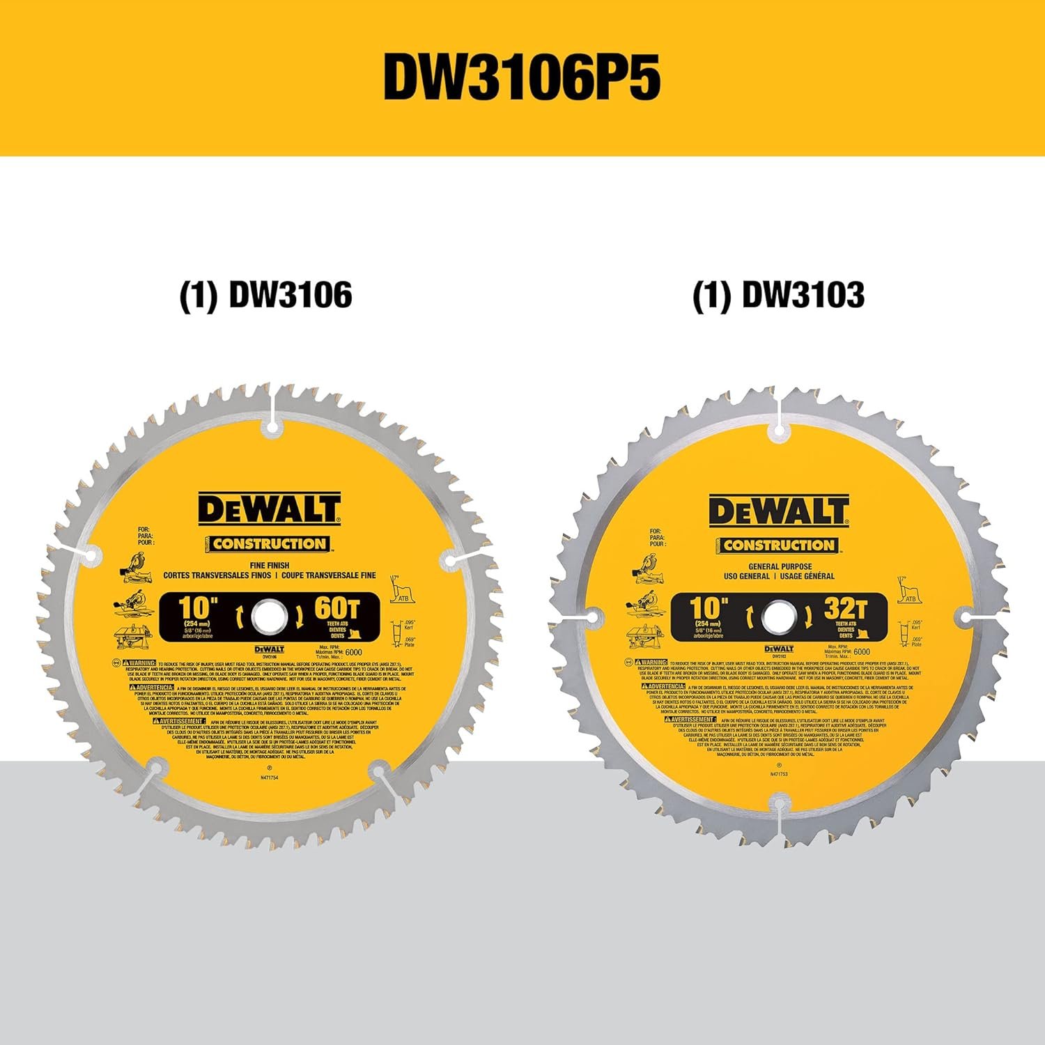 DEWALT 10-Inch Miter Saw Blades/Table Saw Blades, 2-Blade Combo, 60-Tooth  32-Tooth Pack (DW3106P5)