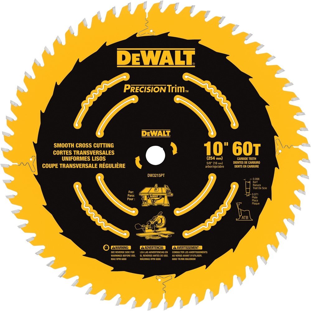 DEWALT 10-Inch Miter / Table Saw Blade, ATB, Crosscutting, 5/8-Inch Arbor, Tough Coat, 60-Tooth (DW3215PT)