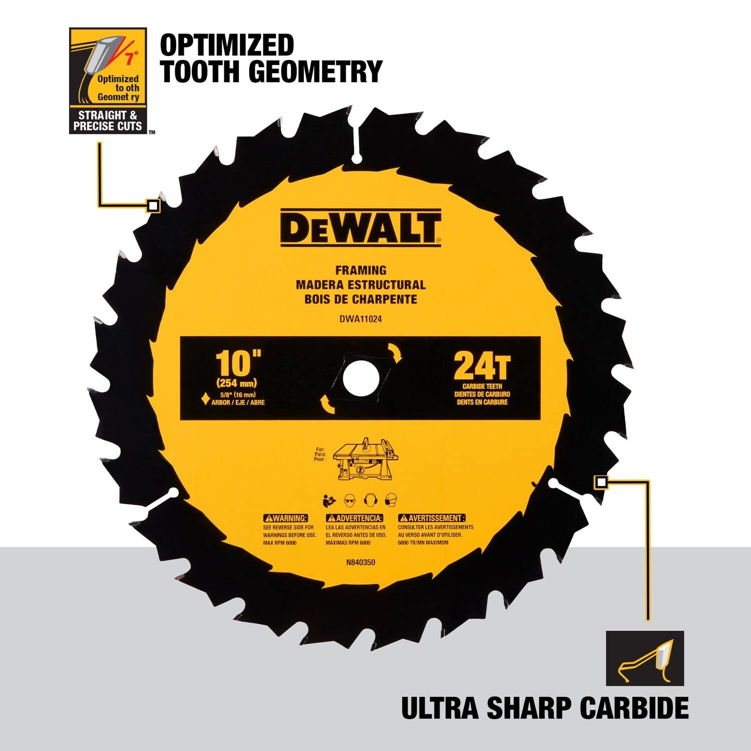 DEWALT 10-Inch Miter / Table Saw Blade, ATB, Ripping, 5/8-Inch Arbor, Tough Coat, 24-Tooth (DW7124PT)