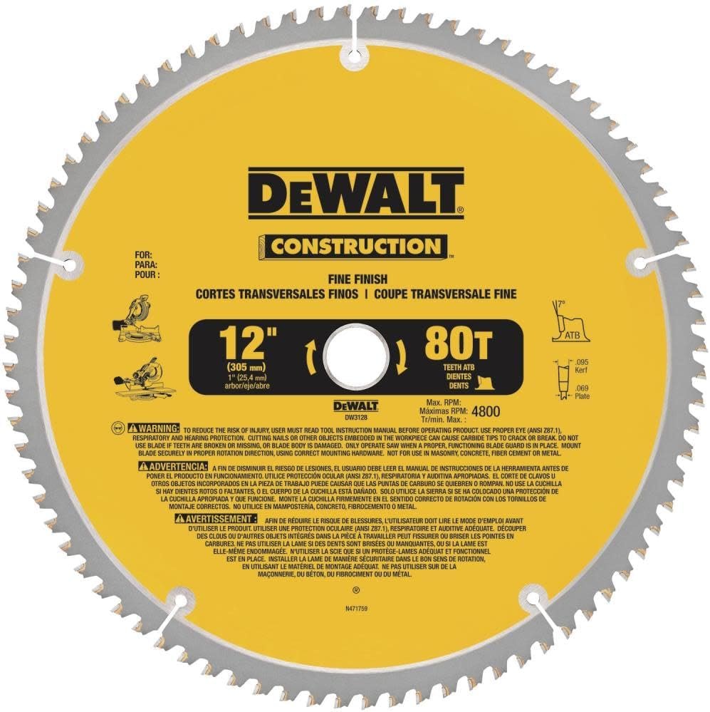 DEWALT 12-Inch Miter Saw Blade, ATB, Thin Kerf, Crosscutting, 1-Inch Arbor, 80-Tooth (DW3128) , Yellow