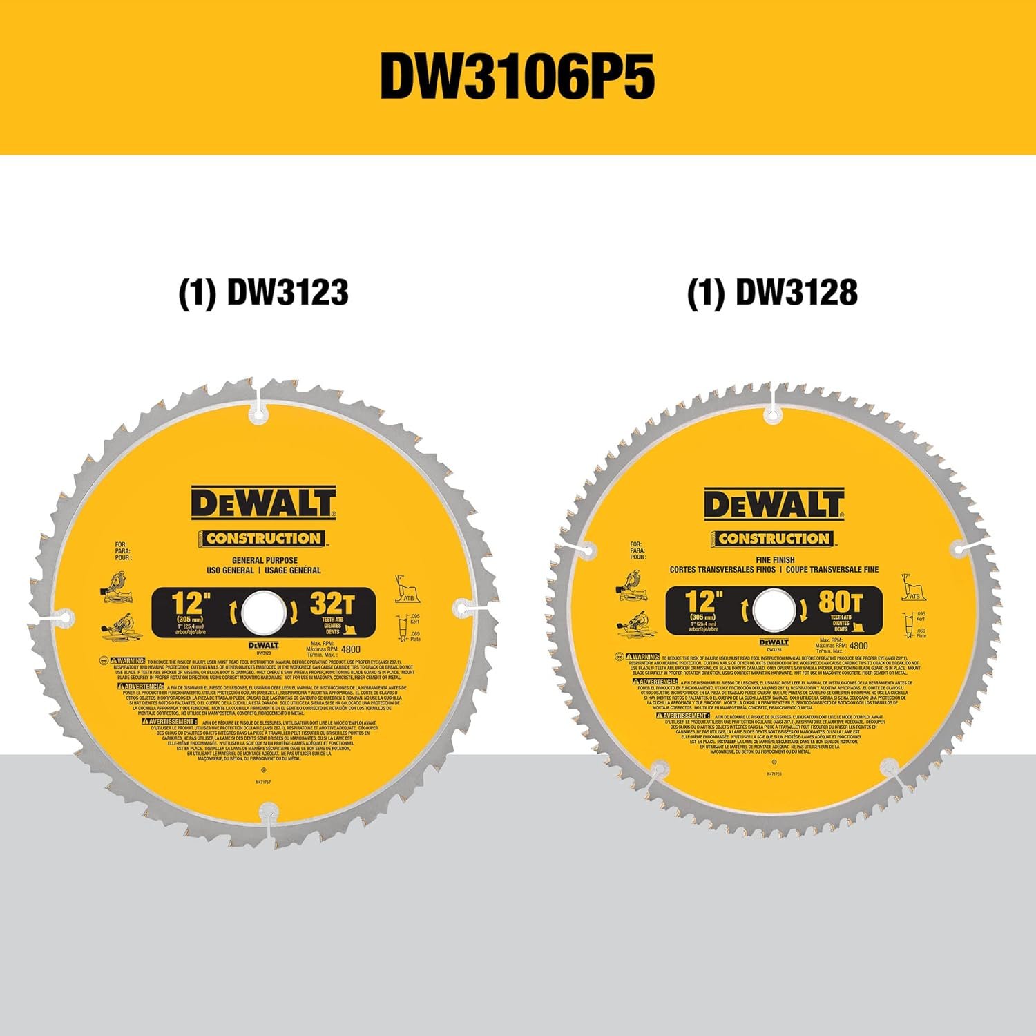 DEWALT 12-Inch Miter Saw Blade, Crosscutting, Tungsten Carbide, 80-Tooth and 32-Tooth, 2-Pack (DW3128P5, DW3123)