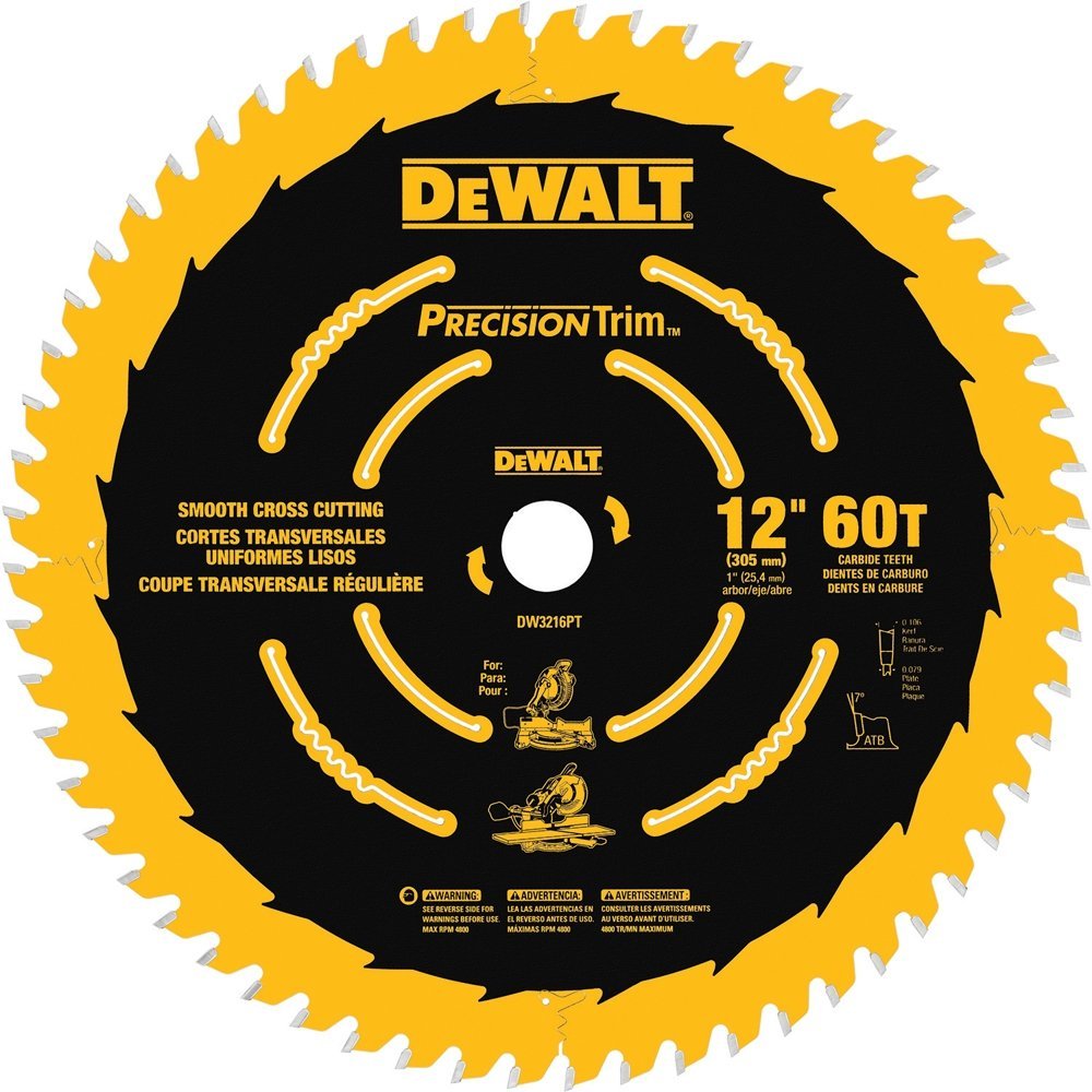 DEWALT 12-Inch Miter Saw Blade, Precision Trim, ATB, Crosscutting, 1-Inch Arbor, Tough Coat Finish, 60-Tooth (DW3216PT), Pack of 1